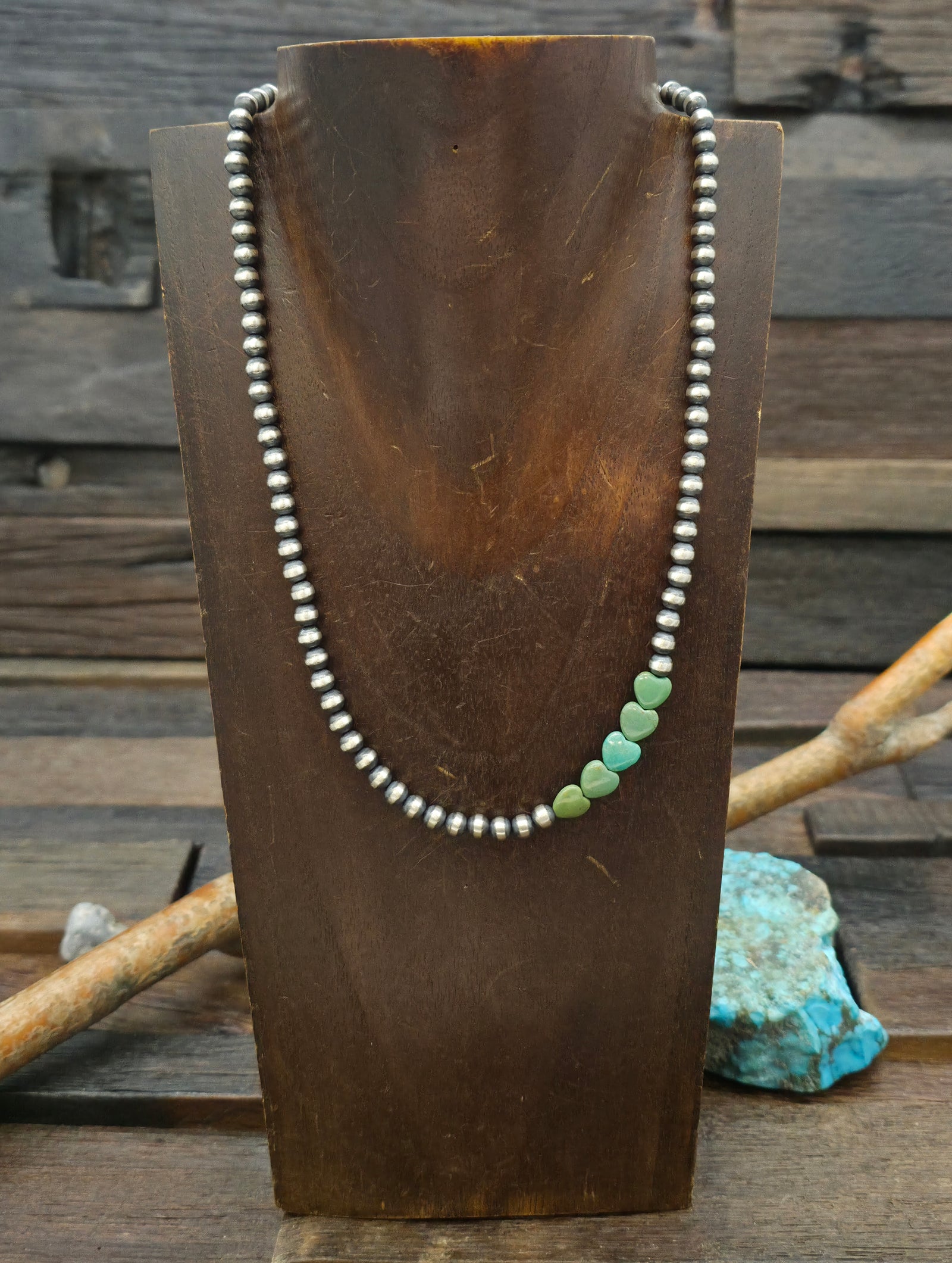 Oxidized Sterling Silver Bead Necklace with Green Turquoise Hearts - 18 in.