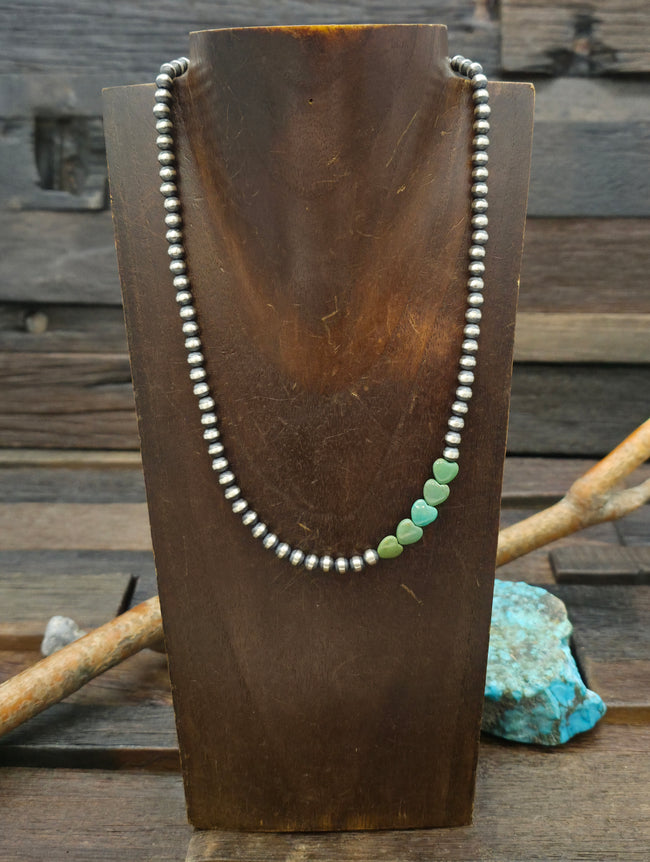 Oxidized Sterling Silver Bead Necklace with Green Turquoise Hearts - 18 in.