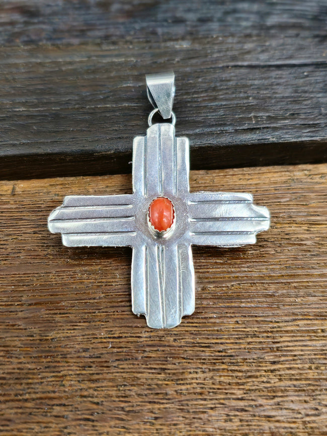 Zia Sterling Silver Pendant with Small Coral Stone by Lucille Platero