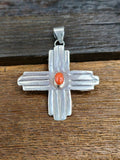 Zia Sterling Silver Pendant with Small Coral Stone by Lucille Platero