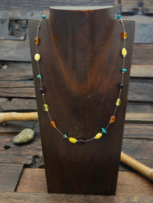 Yellow, Red, and Orange Amber and Turquoise Necklace - 18 in.  NON-NATIVE MADE