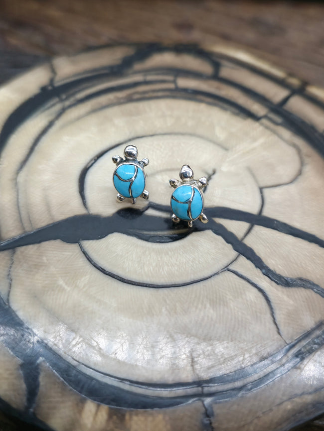 Turquoise Inlay Sterling Silver Turtle Stud Earrings