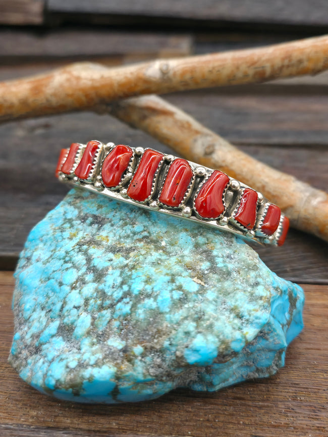 Sterling Silver Coral Row Cuff by Julia Etsitty - 6 5/8in w/gap