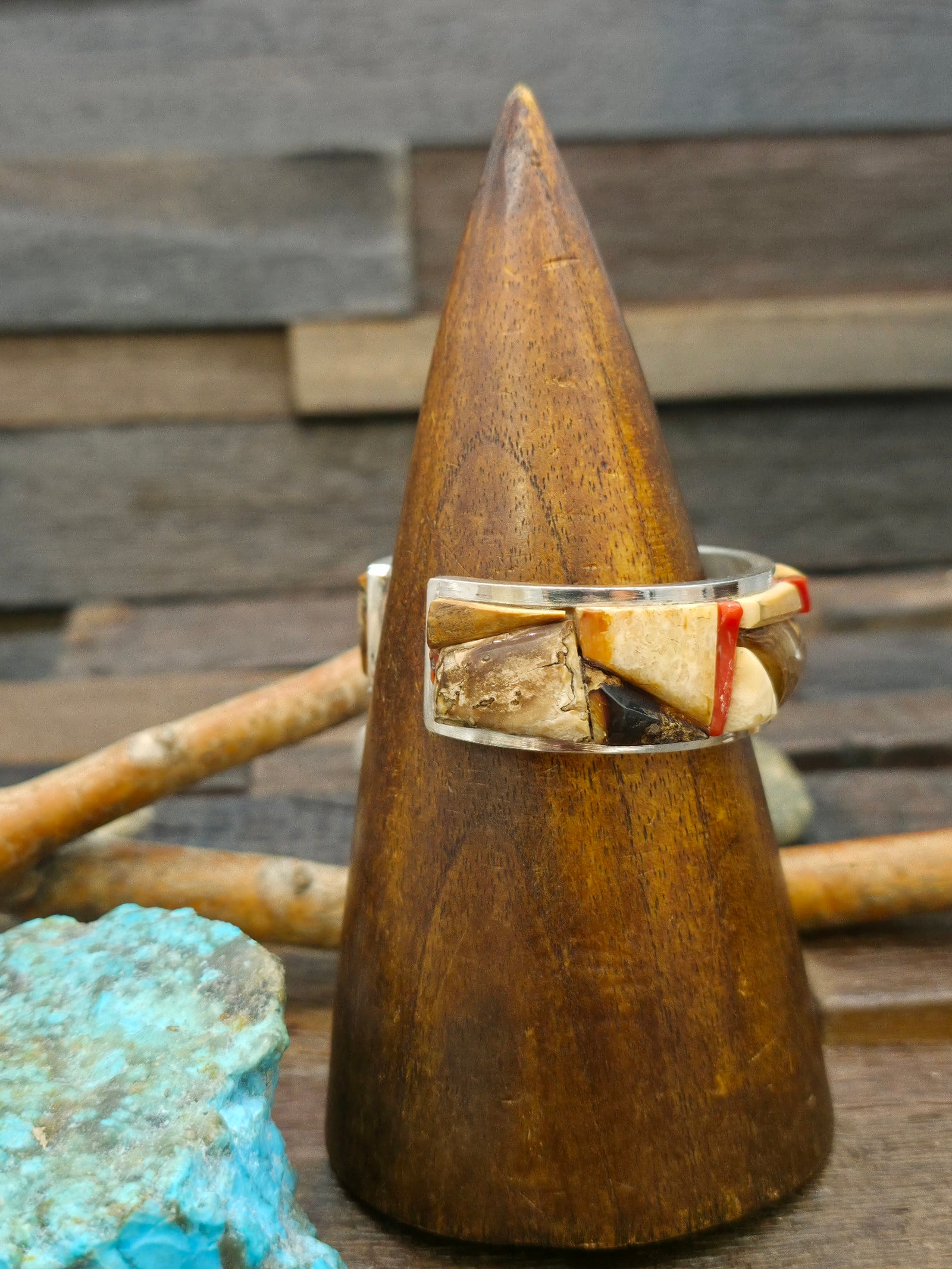 Sterling Silver Cobblestone Inlay Cuff with Coral and Fossil Ivory by Walter Vandever - 7 in.
