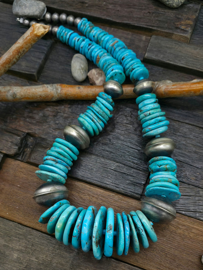 Extra Large Sterling Silver and Turquoise Bead Necklace - 28 in.