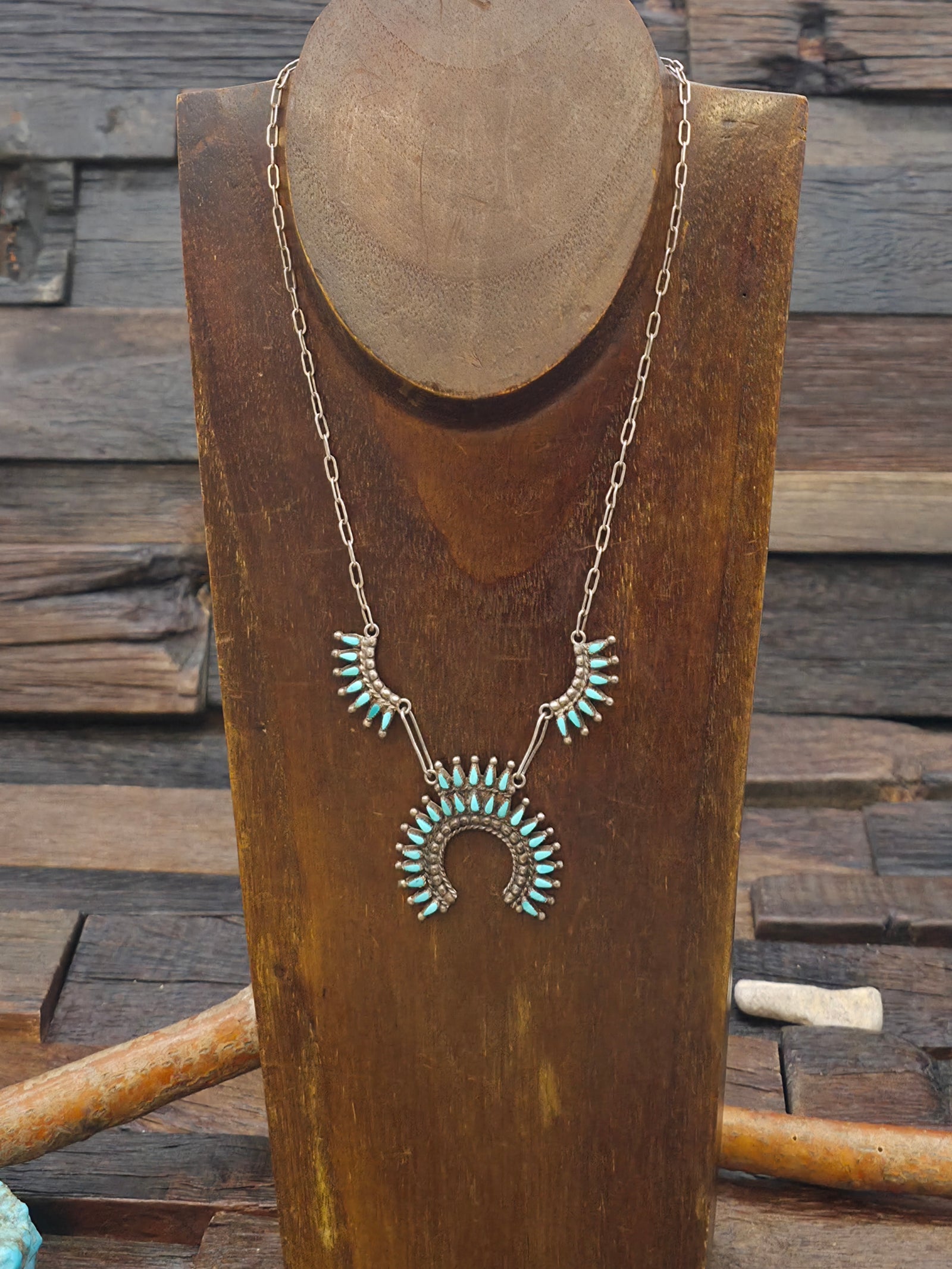 Vintage/Estate Sterling Silver Turquoise Zuni Needlepoint Naja Necklace - 17 in.