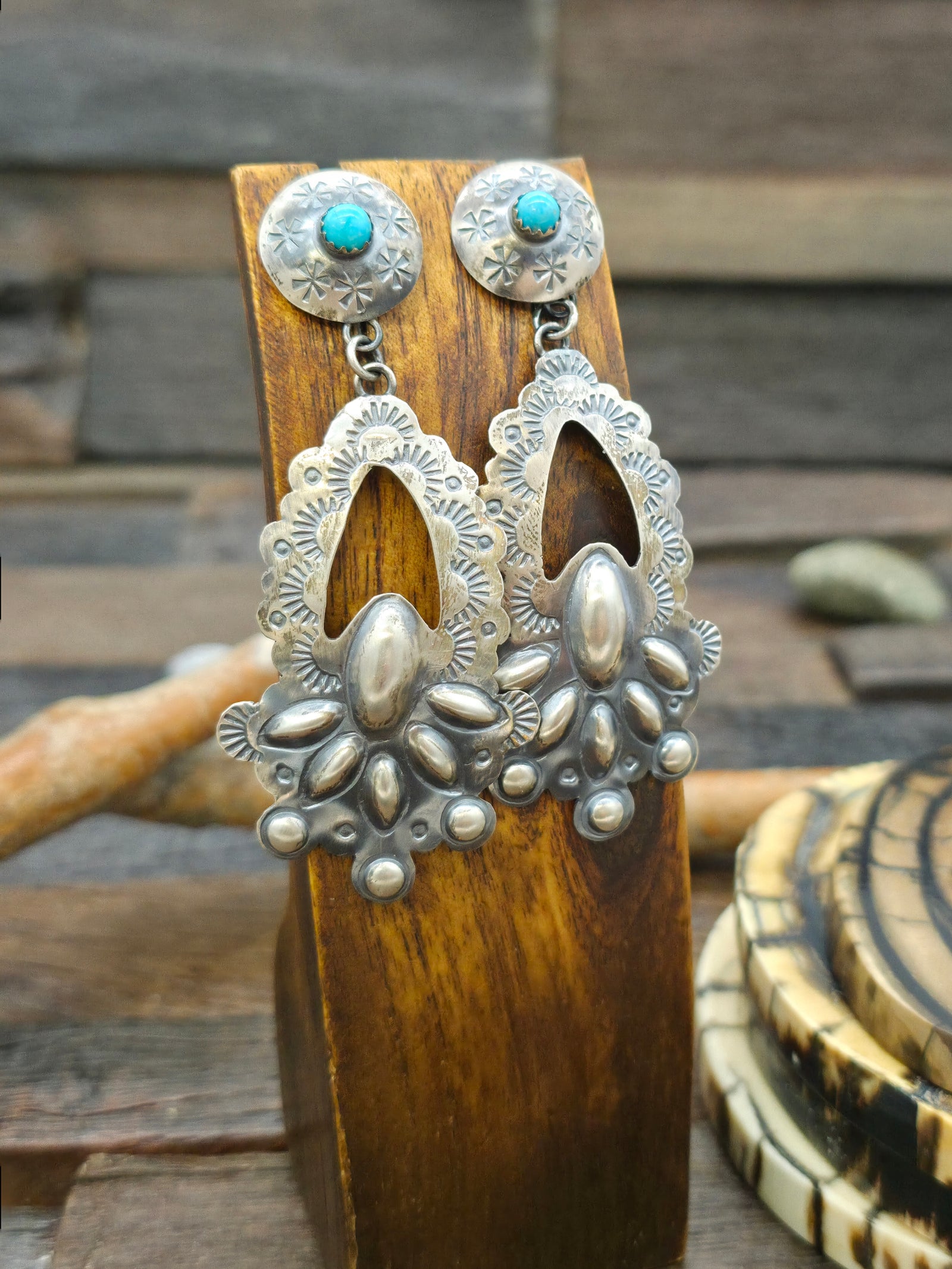 Sterling Silver Turquoise Stamped Oval Post Dangle Earrings by Gabrielle Yazzie
