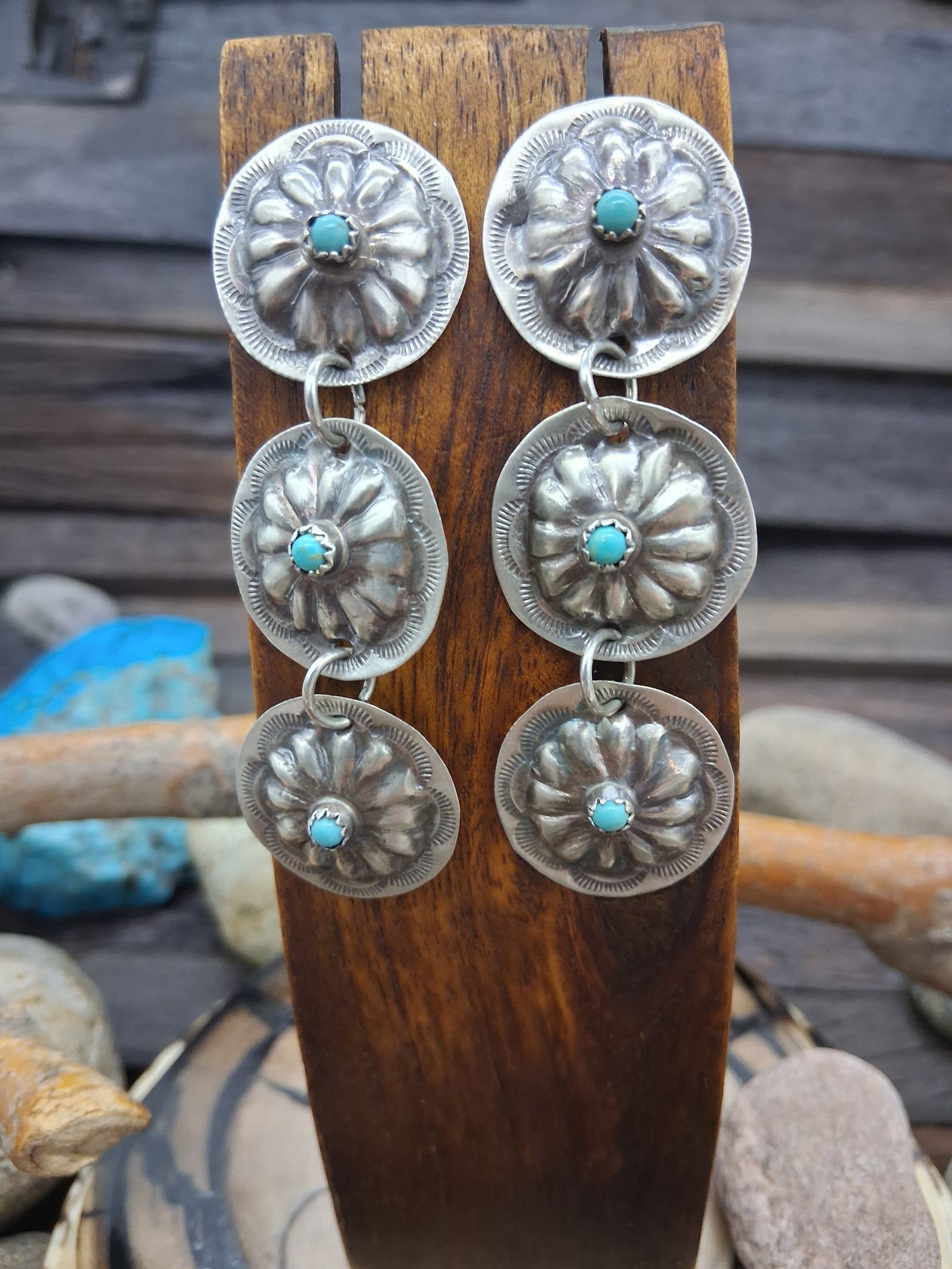 Sterling Silver Repousse w/Turquoise Post Dangle Earrings by Joan Begay