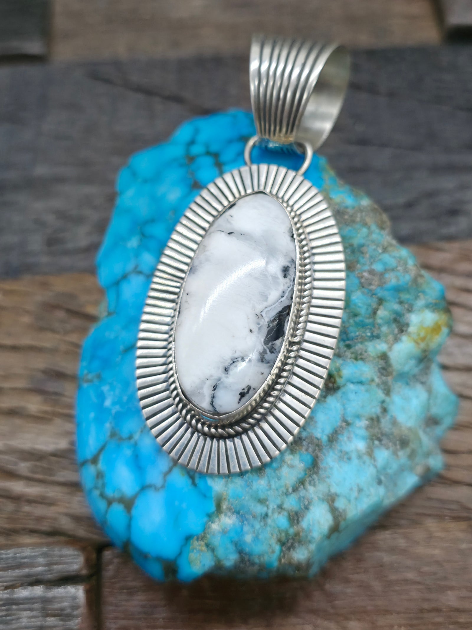 Stamped Sterling Silver White Buffalo Pendant by Albert Jake - 3 in. by 1 1/4 in.