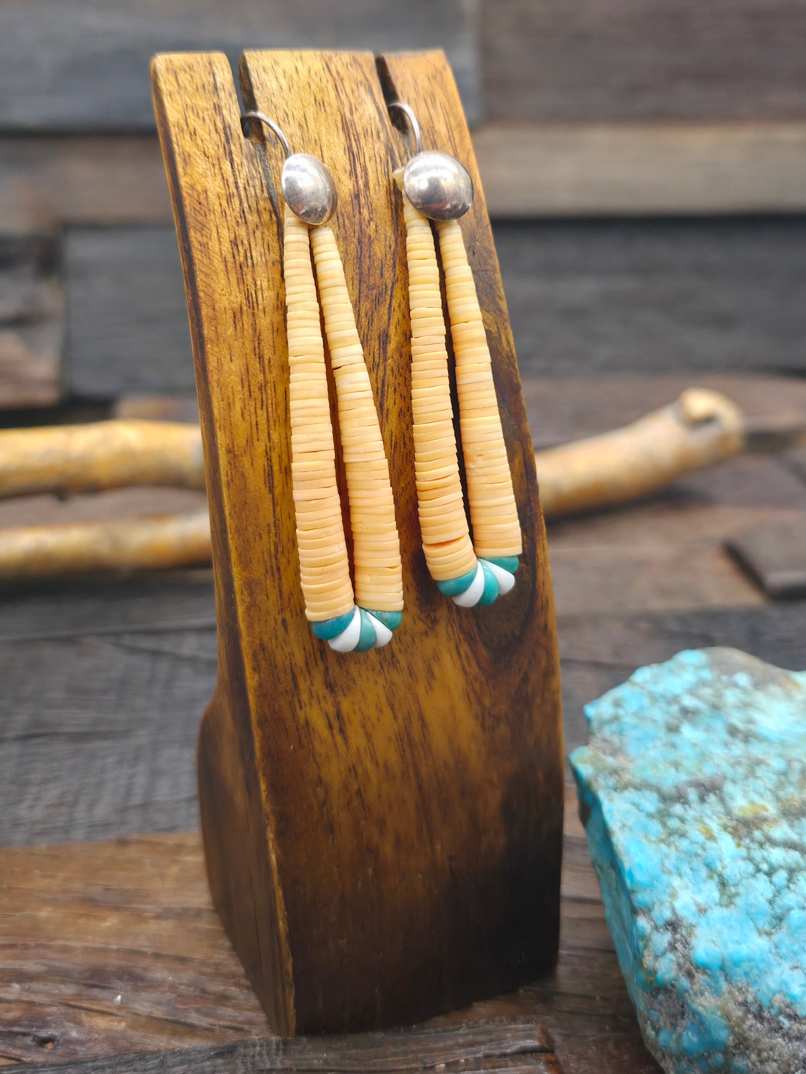 Sterling Silver, Graduated Melon Shell Heishi, and Turquoise Earrings by Rose Cate - 3 in. by 1/2 in.