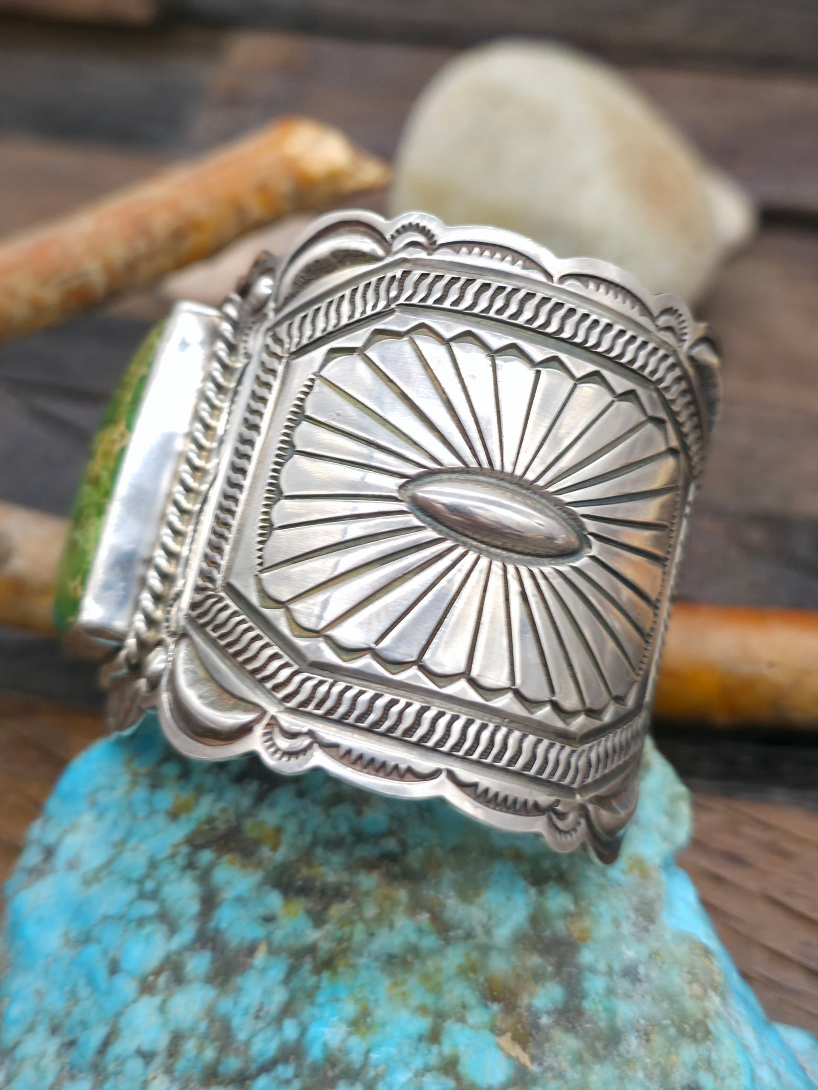 Stamped Sterling Silver Royston Turquoise Cuff Bracelet by J. Delgarito - 7 in.