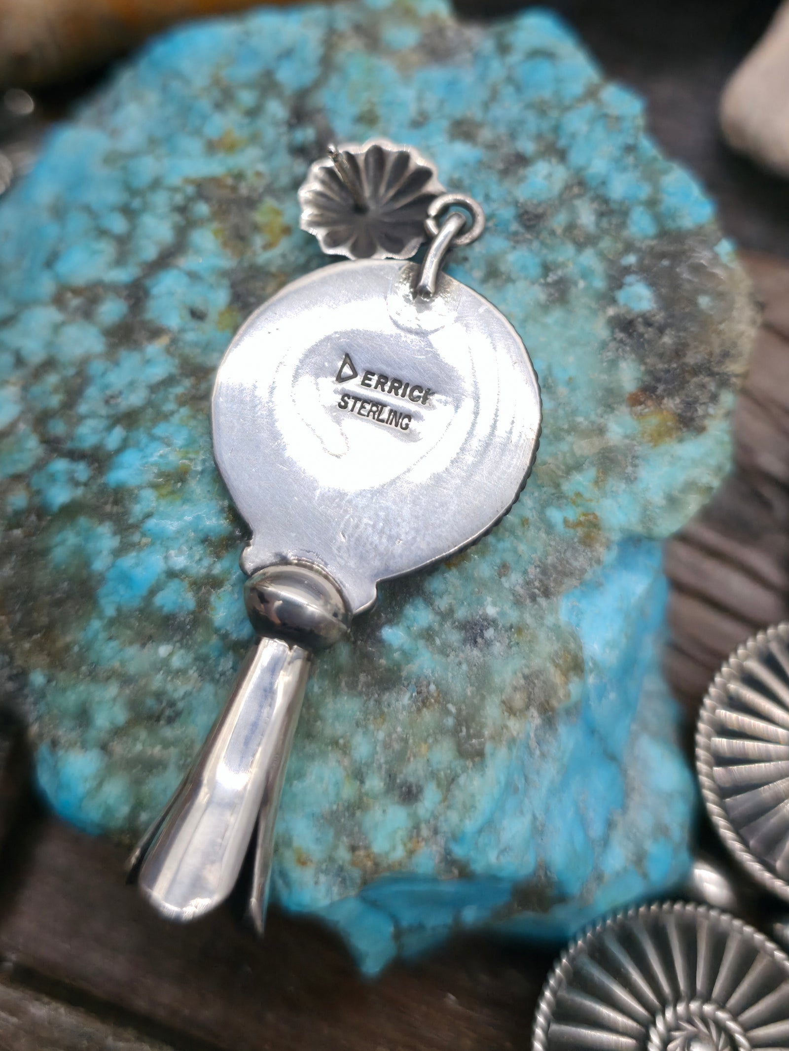 Stamped Sterling Silver Squash Blossom Necklace and Earring Set by Derrick Gordon - 26 in.