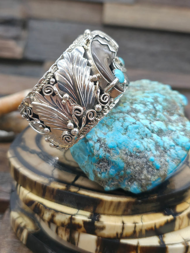 Sterling Silver Leaf Applique Cuff with Bear Claws and Turquoise  - 6 3/4 in. with Gap