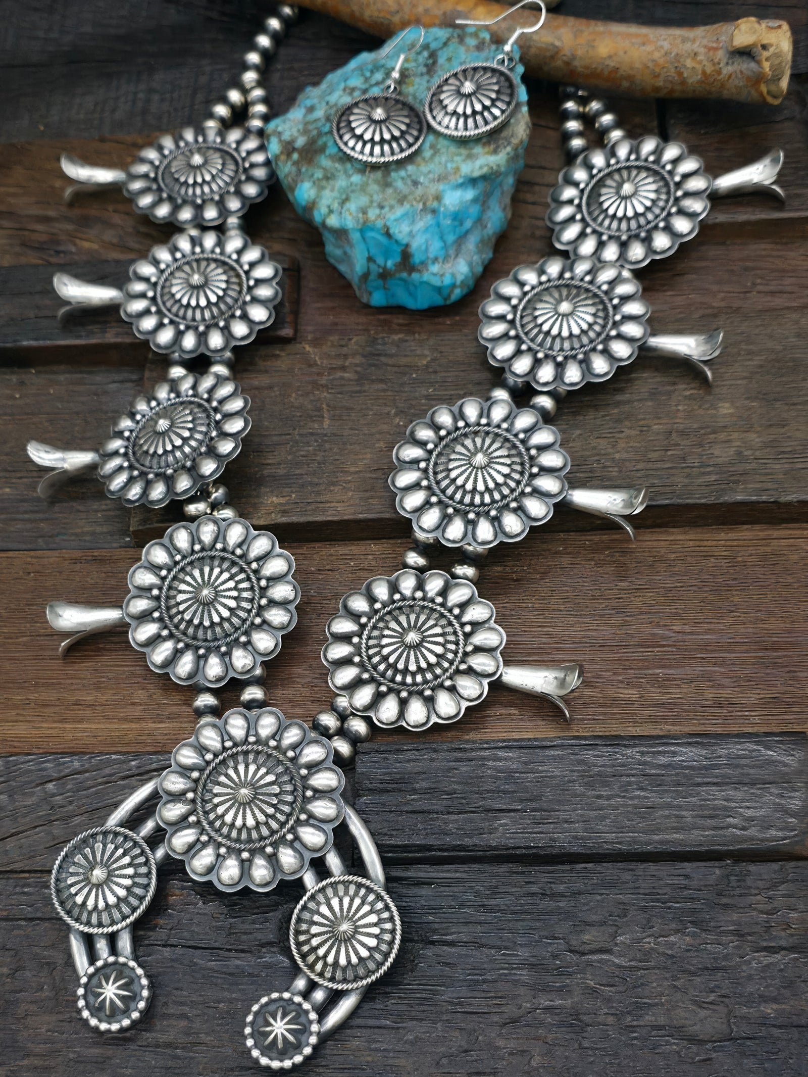 Sterling Silver Squash Blossom Necklace and Earring Set by Tom Lewis - 26 in.