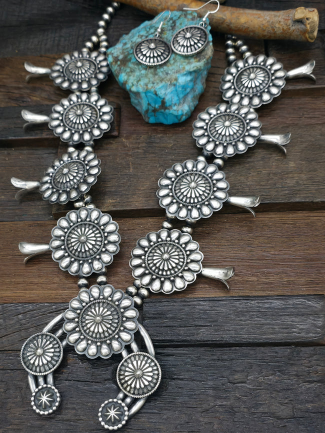 Sterling Silver Squash Blossom Necklace and Earring Set by Tom Lewis - 26 in.