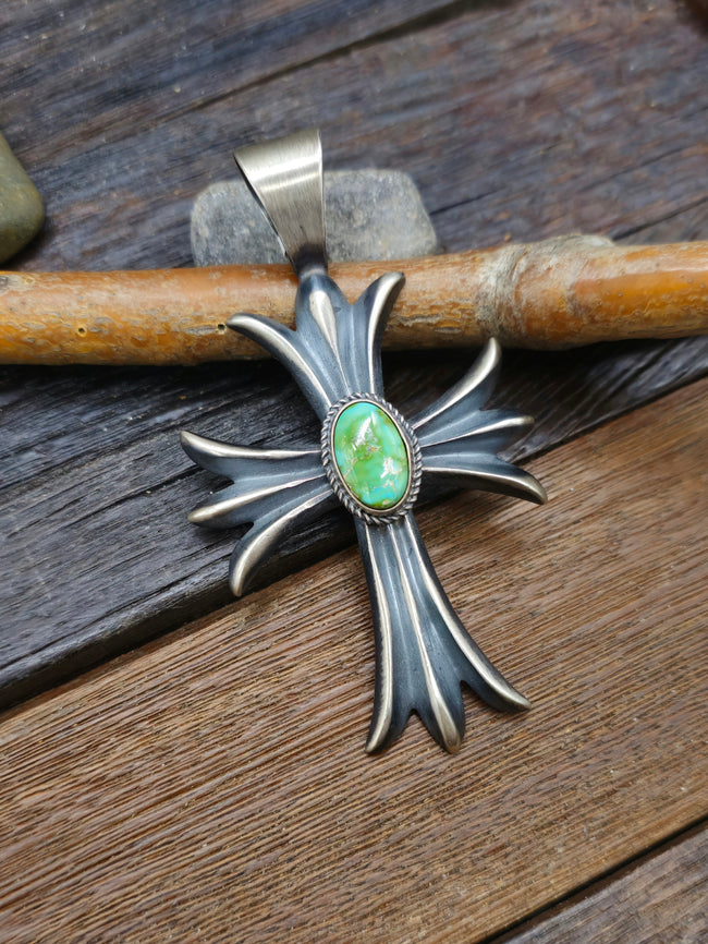 Sonoran Turquoise Sterling Silver Cross Pendant by Harrison Bitsue