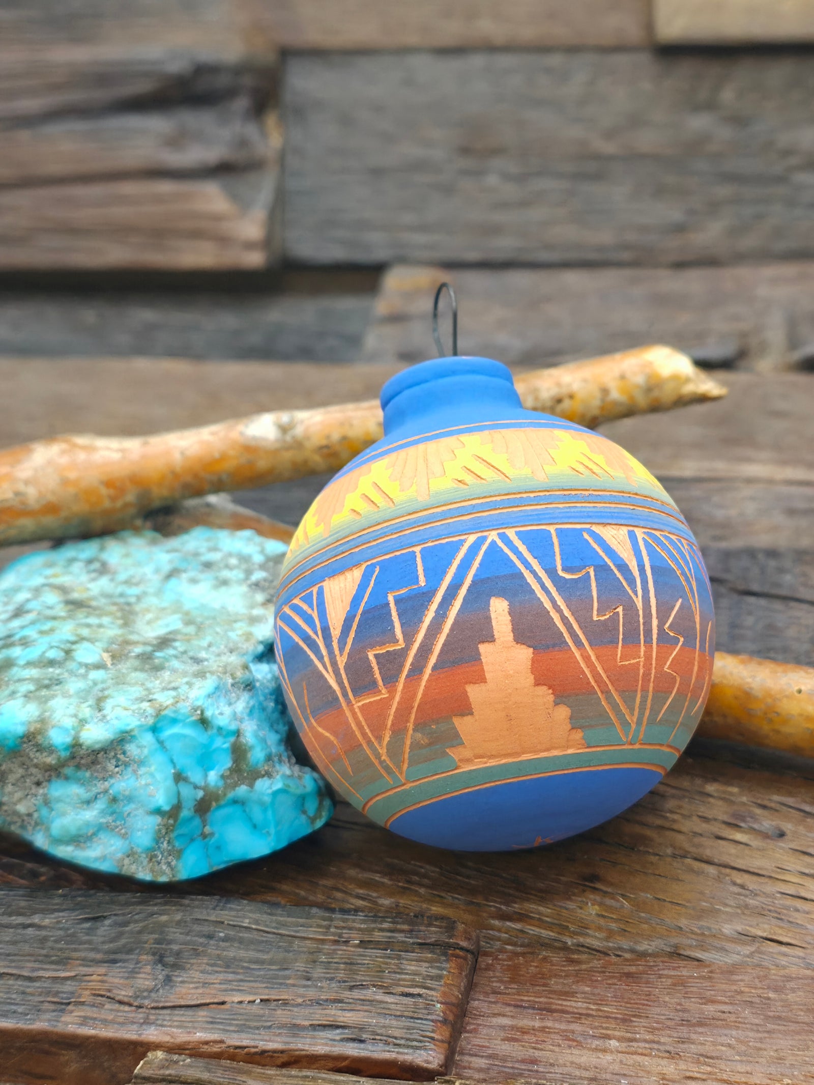 Navajo Etched Christmas Ornament Bauble by Viveca Tsosie - Blue