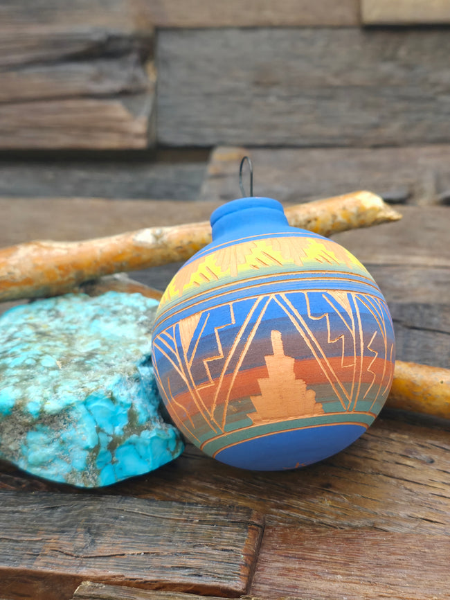 Navajo Etched Christmas Ornament Bauble by Viveca Tsosie - Blue