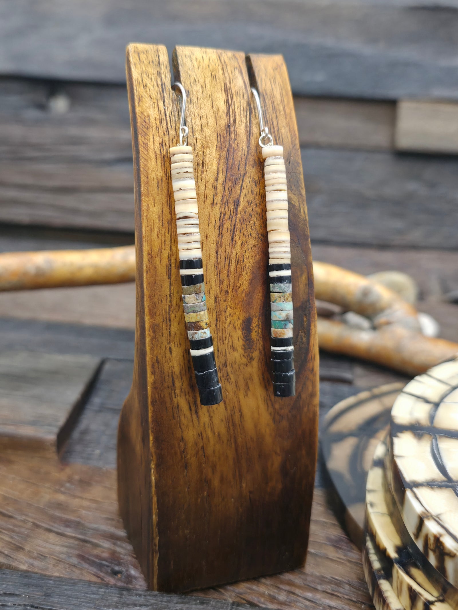 Color Block Earrings by Deanna Tenorio - Heishi, Jet, Green Turquoise - 3 1/2 in.