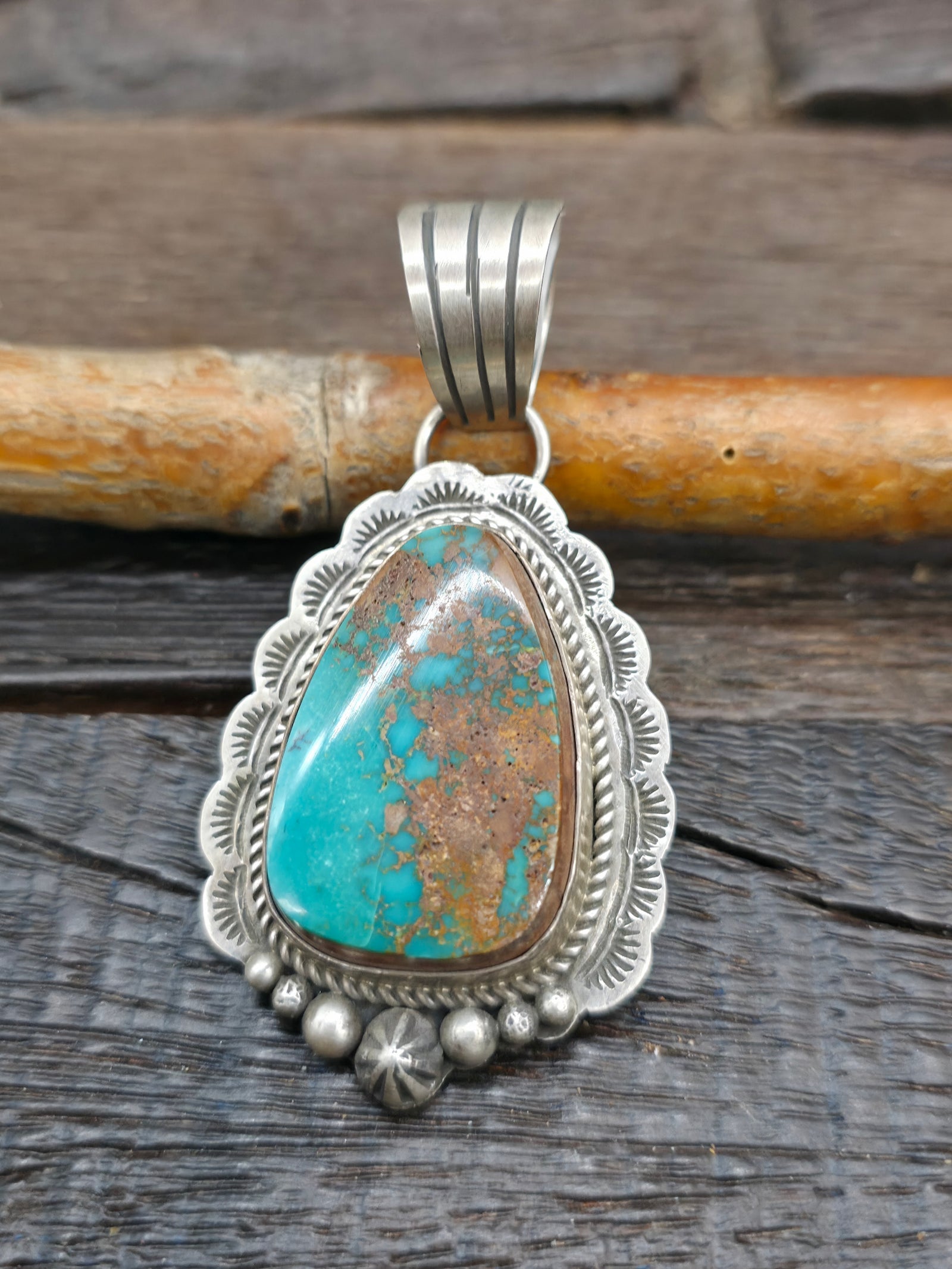 Stamped Sterling Silver Royston Turquoise Pendant by LaRose Ganadanegro - 3 in. by 1 1/2 in.