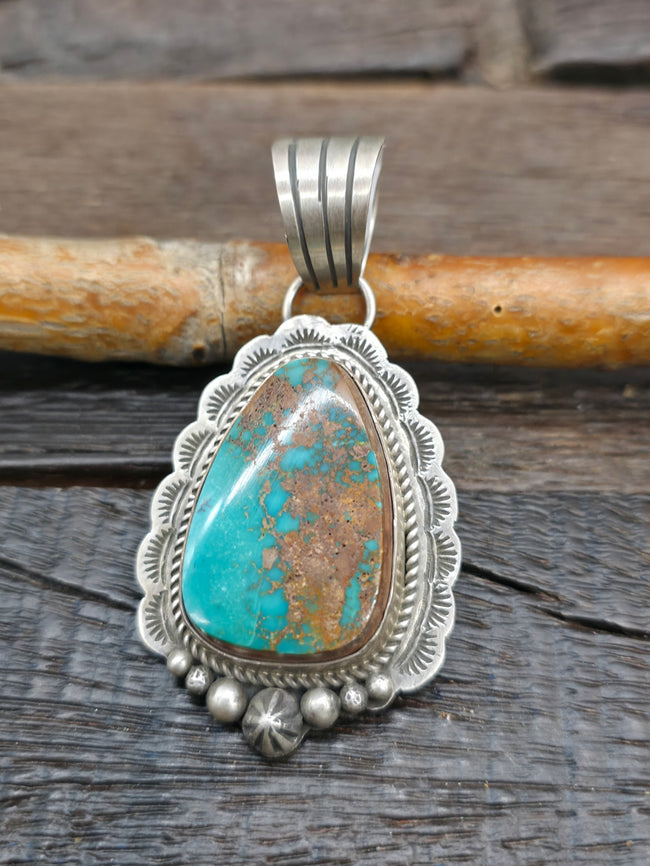 Stamped Sterling Silver Royston Turquoise Pendant by LaRose Ganadanegro - 3 in. by 1 1/2 in.