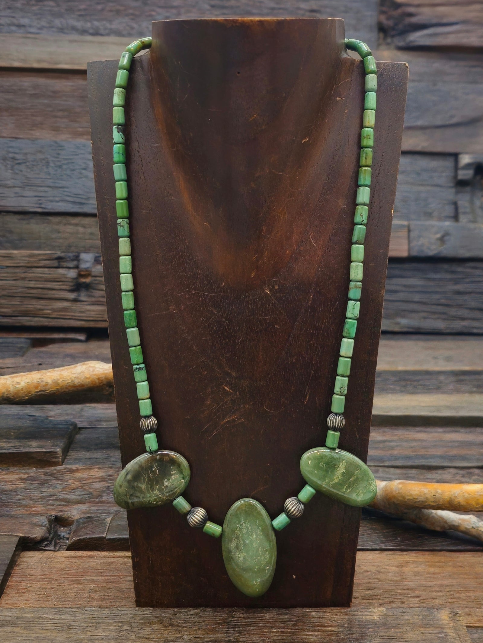 Three Stone Green Turquoise and Sterling Silver Necklace