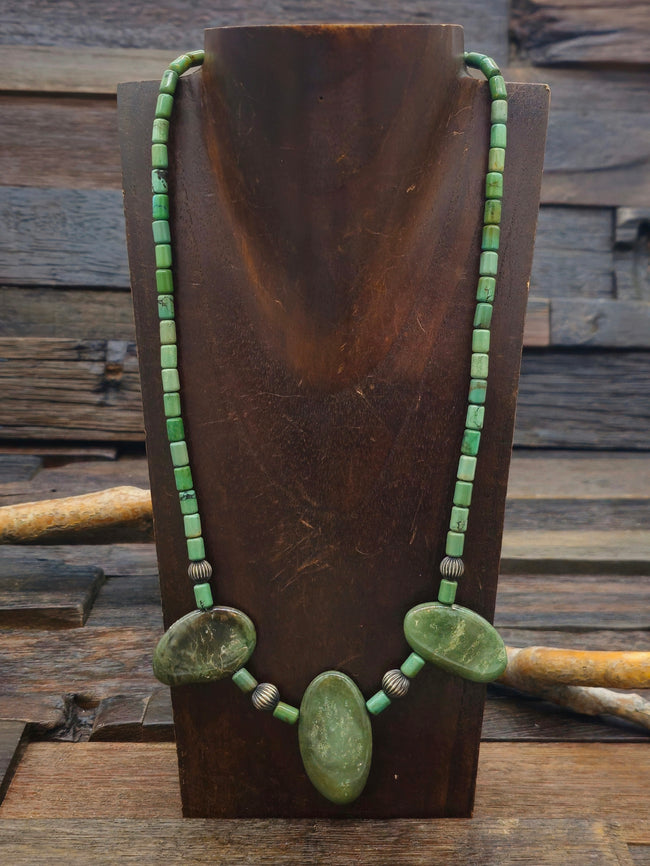 Three Stone Green Turquoise and Sterling Silver Necklace