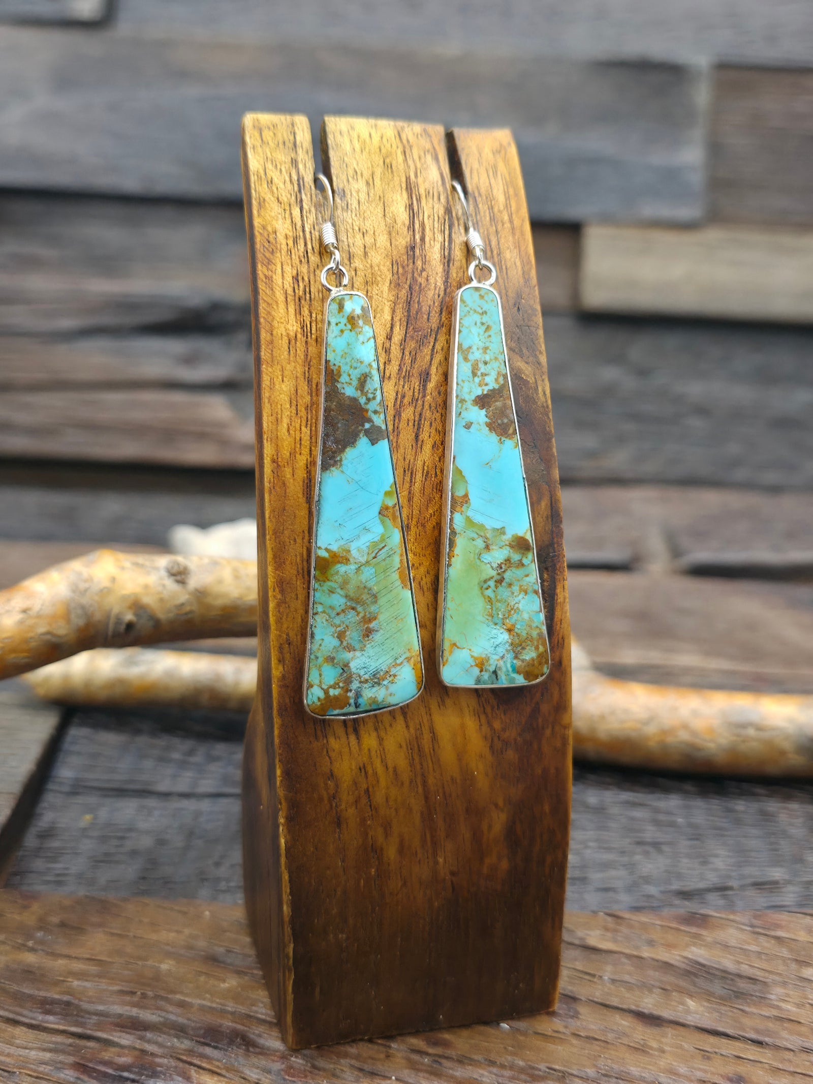 Long Green Turquoise Triangular Slab Earrings with Sterling Silver by Veronica Tortalita - 3 in. by 3/4 in.