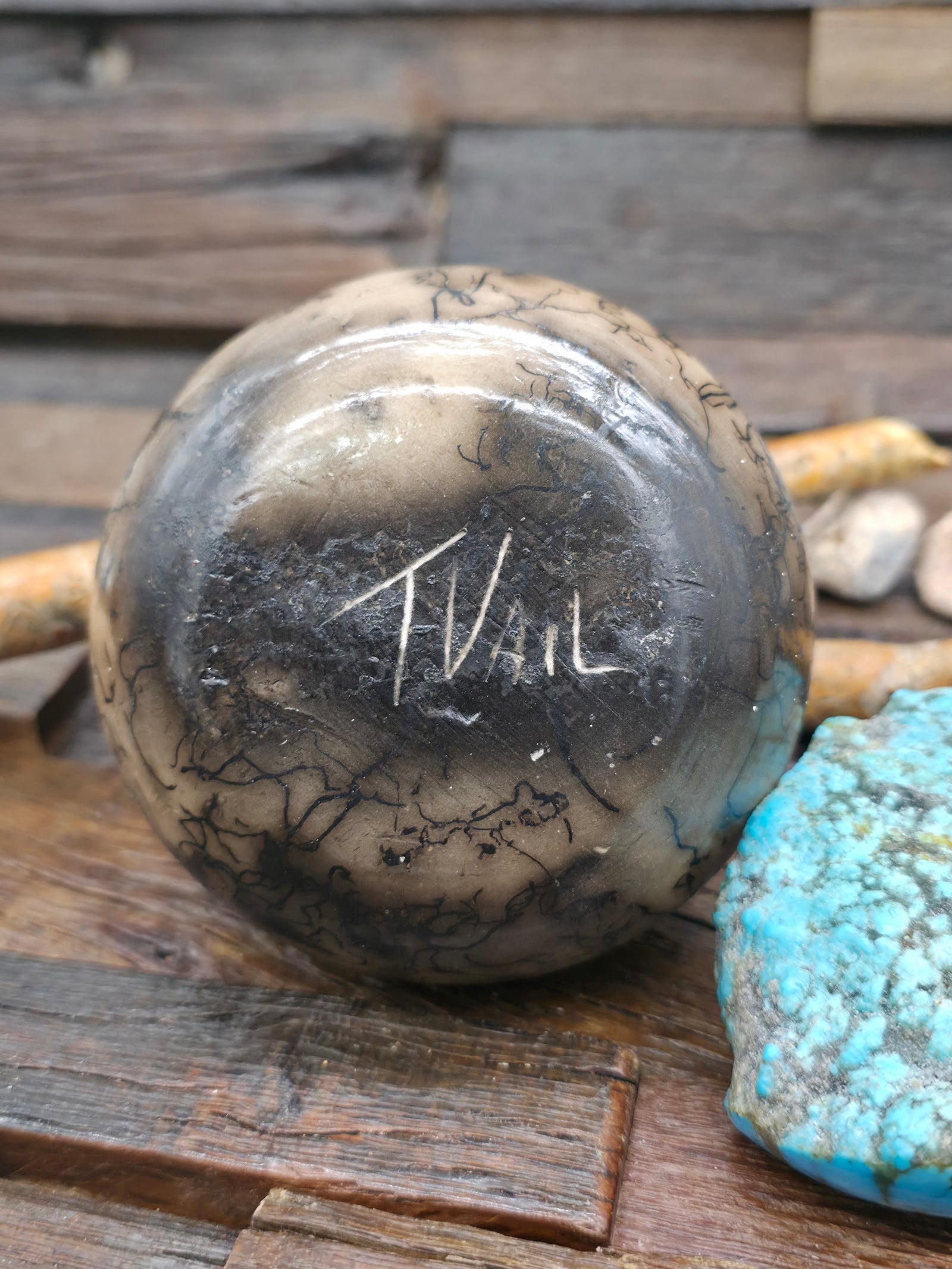 Navajo Horsehair Etched pot by Tom Vail Jr. - 3 in. by 3 in. by 3 1/2 in.