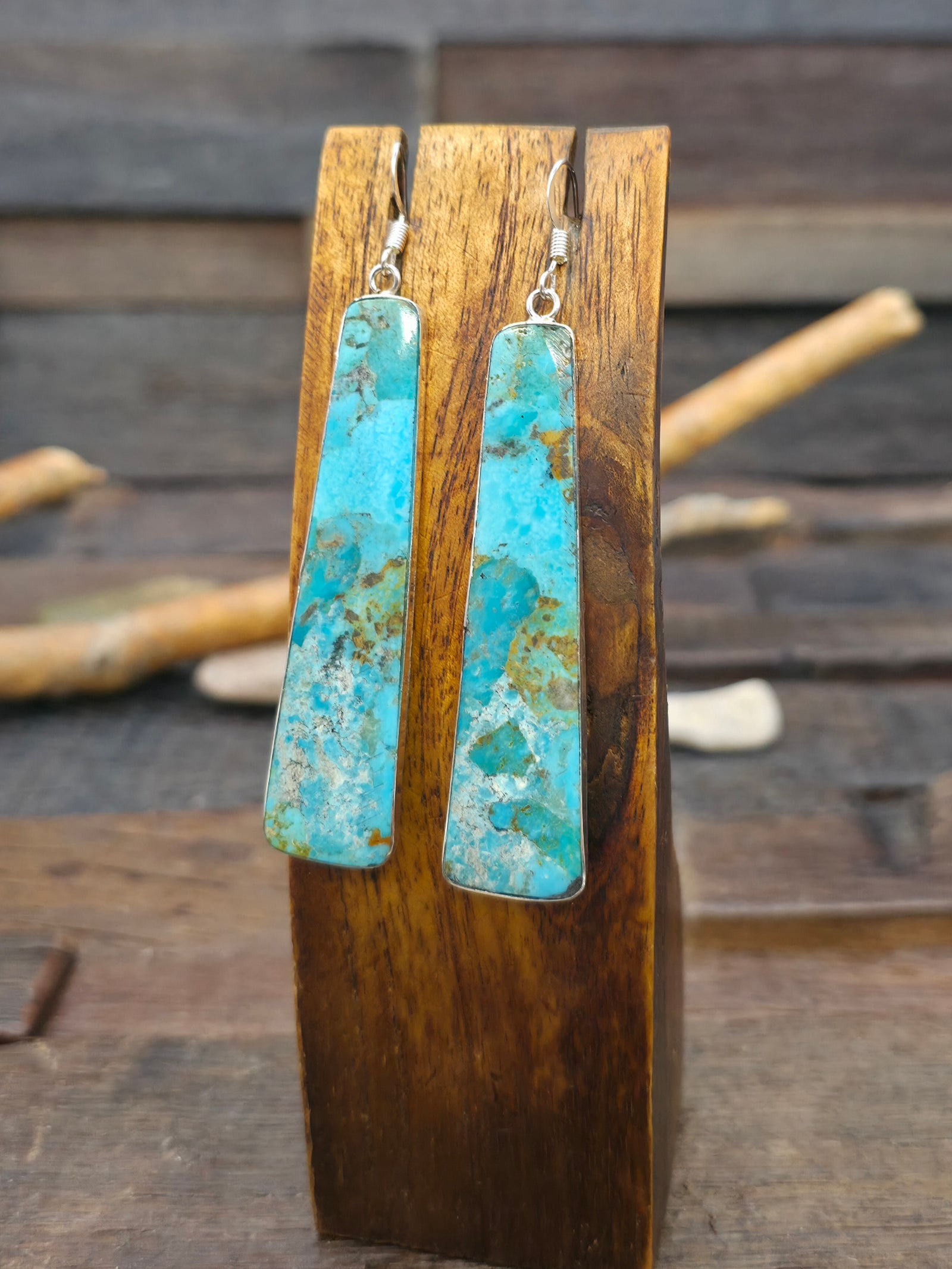 Long Turquoise Slab Earrings with Sterling Silver by Veronica Tortalita