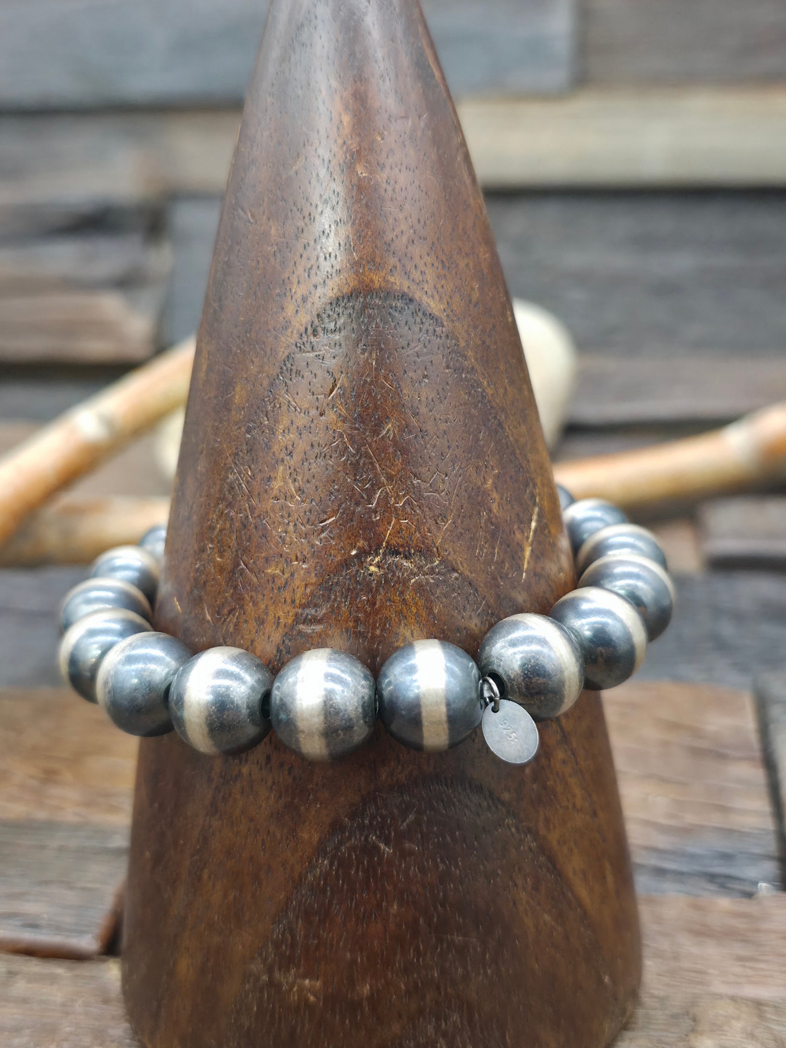 Oxidized Sterling Silver Bead Stretch Bracelet - 7 in. 12 mm.