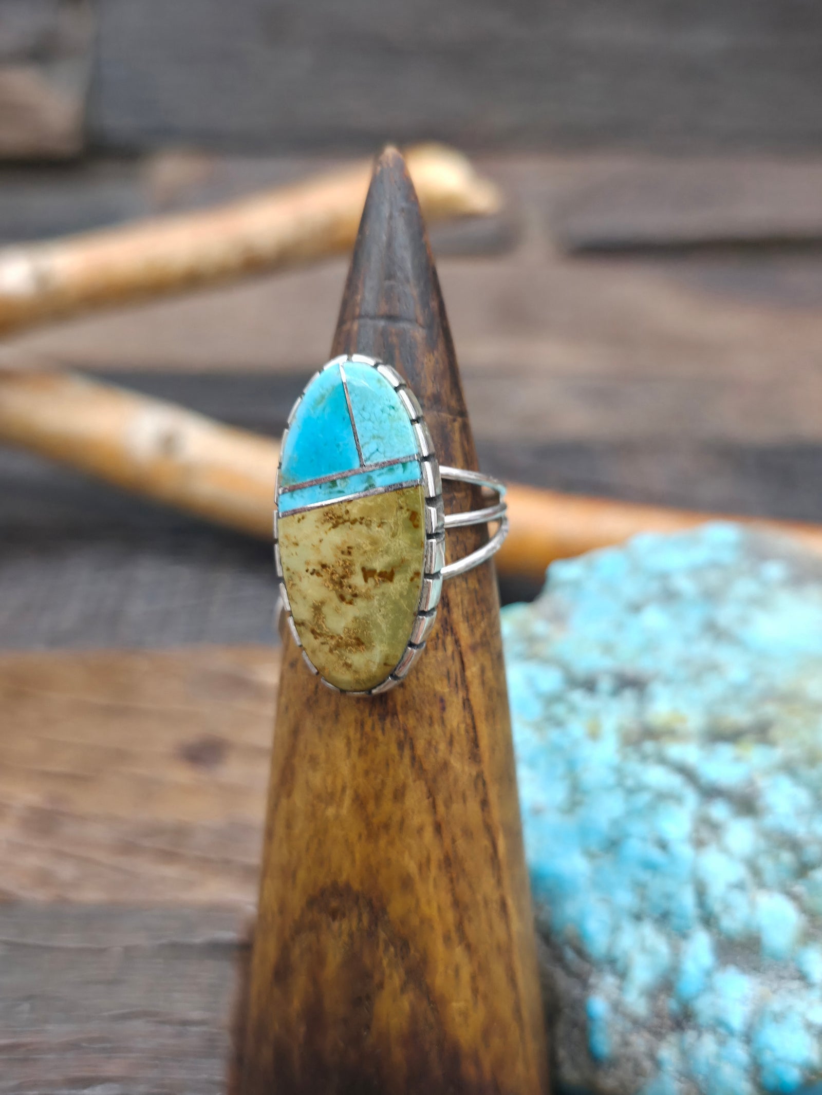 Sterling Silver Green and Blue Turquoise Inlay Ring by Harold Smith - Size 8