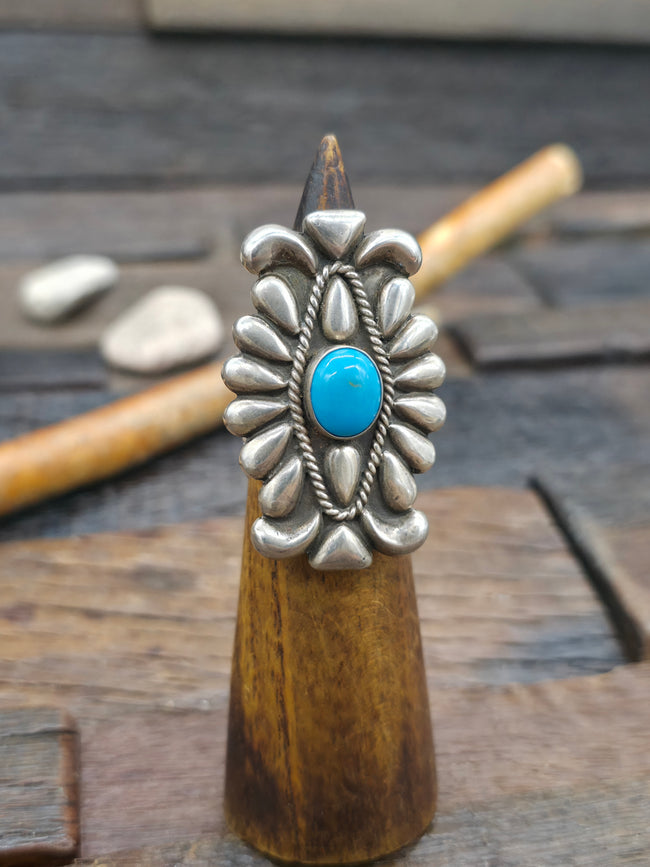 Repousse Stamped Sterling Silver Turquoise Ring by T. Jim - Size 9