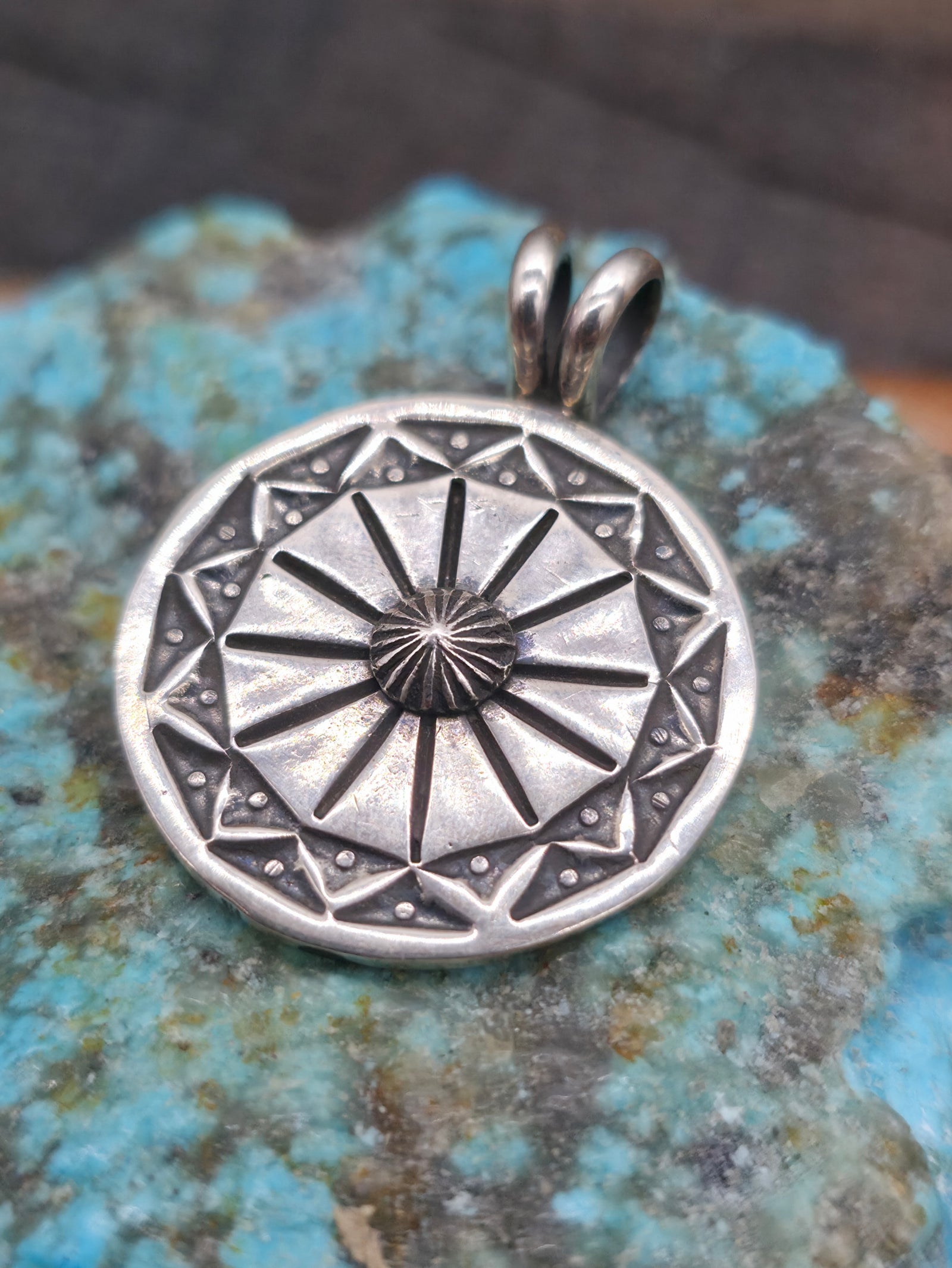 Stamped Sterling Silver Concho Pendant by Bo Reeves - 1 1/2 in. by 1 in.