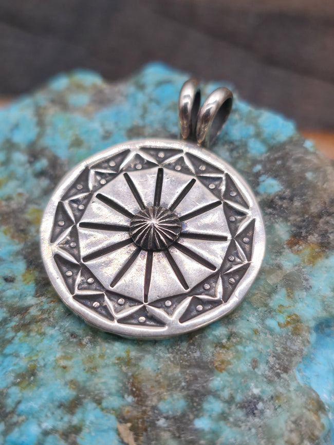 Stamped Sterling Silver Concho Pendant by Bo Reeves - 1 1/2 in. by 1 in.