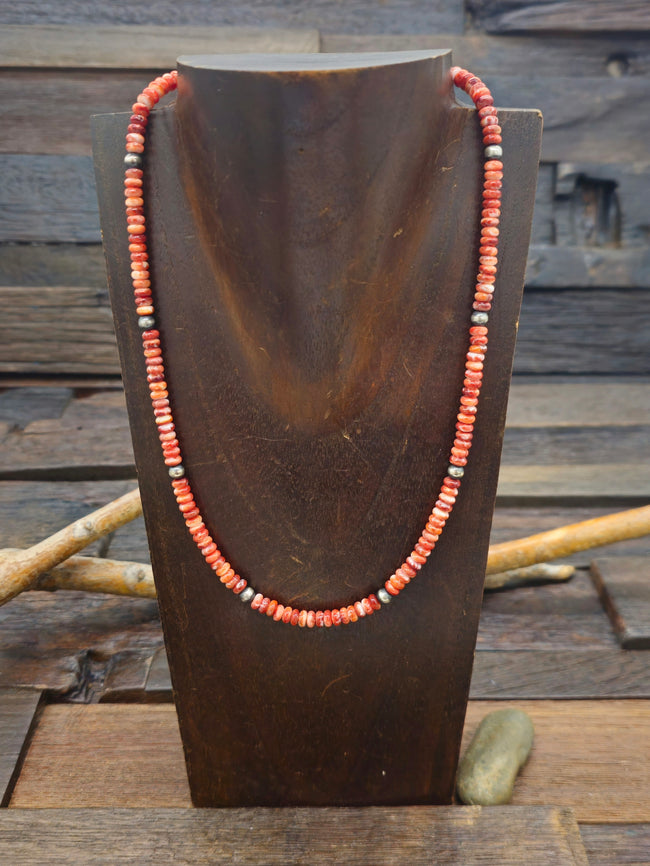 Spiny Oyster and Oxidized Sterling Silver Bead Necklace - 19 in