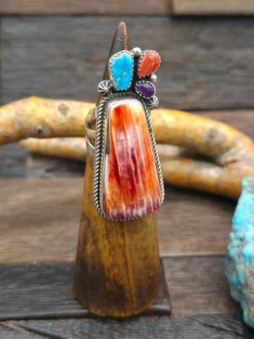 Sterling Silver Larimar and Candelaria Turquoise Ring with Sugilite and Opal by Rosella Paxson - Size 8 1/2