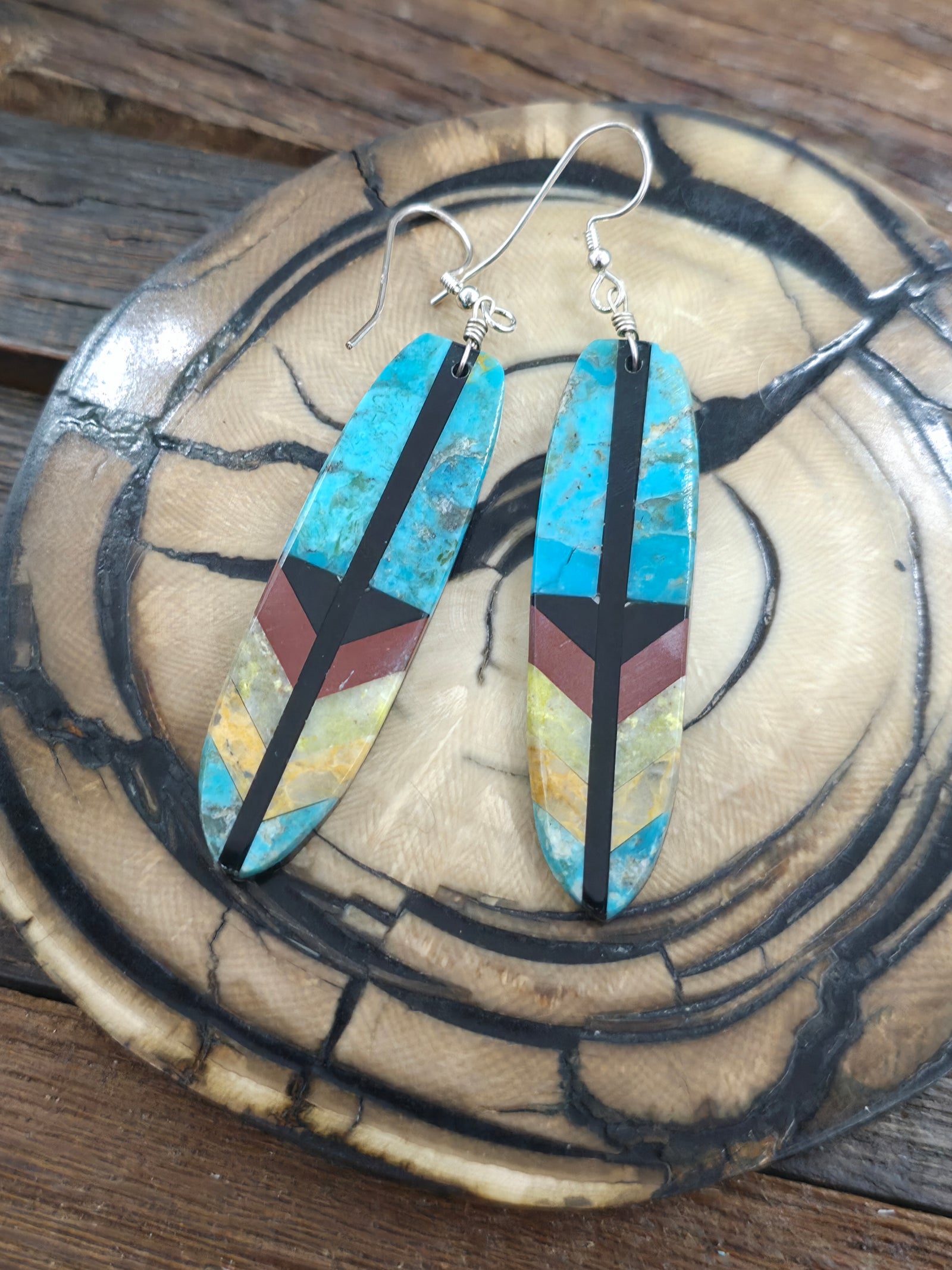 Mosaic Inlay Feather Earrings by Rudy Coriz. - Turquoise - 2 3/4 in. by 5/8 in.