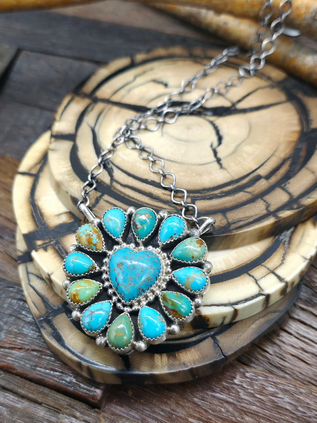 Sterling Silver Mixed Turquoise Heart Cluster Pendant Necklace by "MJ" - 20 in.