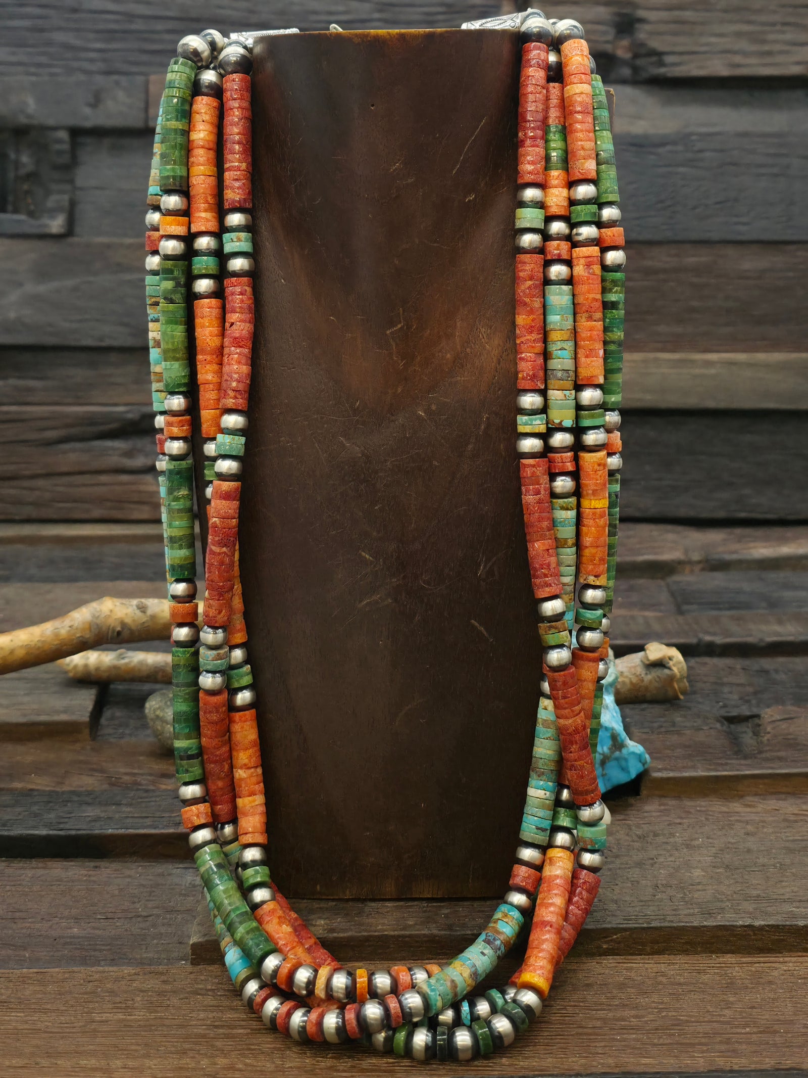 Four Strand Turquoise and Apple Coral Heishi Necklace with Sterling Silver Beads by Fred Archuleta - 26 in.