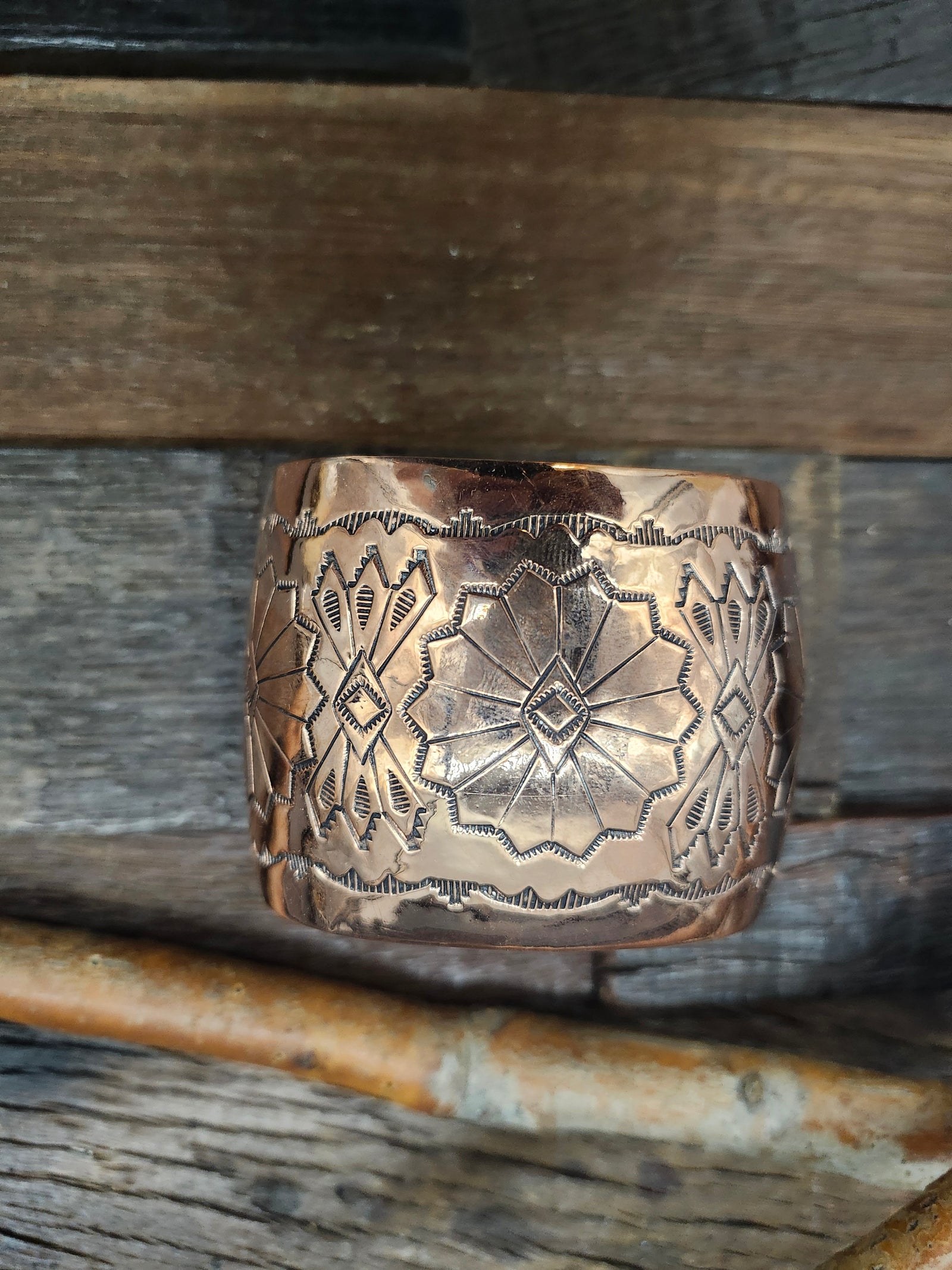 Stamped copper bracelet by Felicia Etsitty 7 1/4" w/ 1" opening