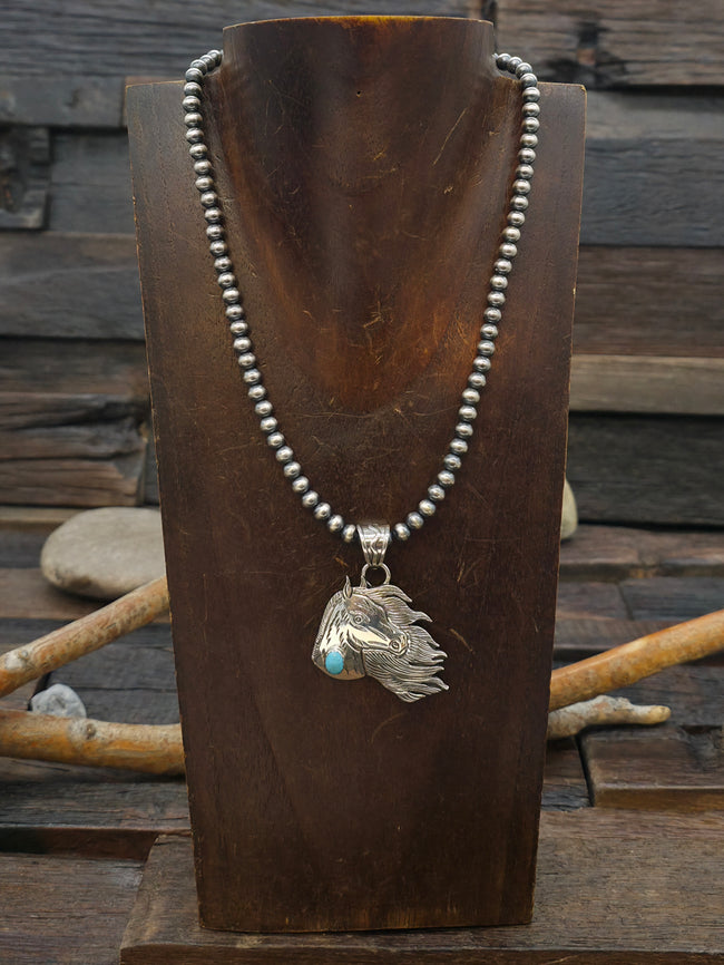 Sterling Silver Bead Horse Pendant Necklace with Sleeping Beauty Turquoise by Jeremy Delgarito - 16 in.