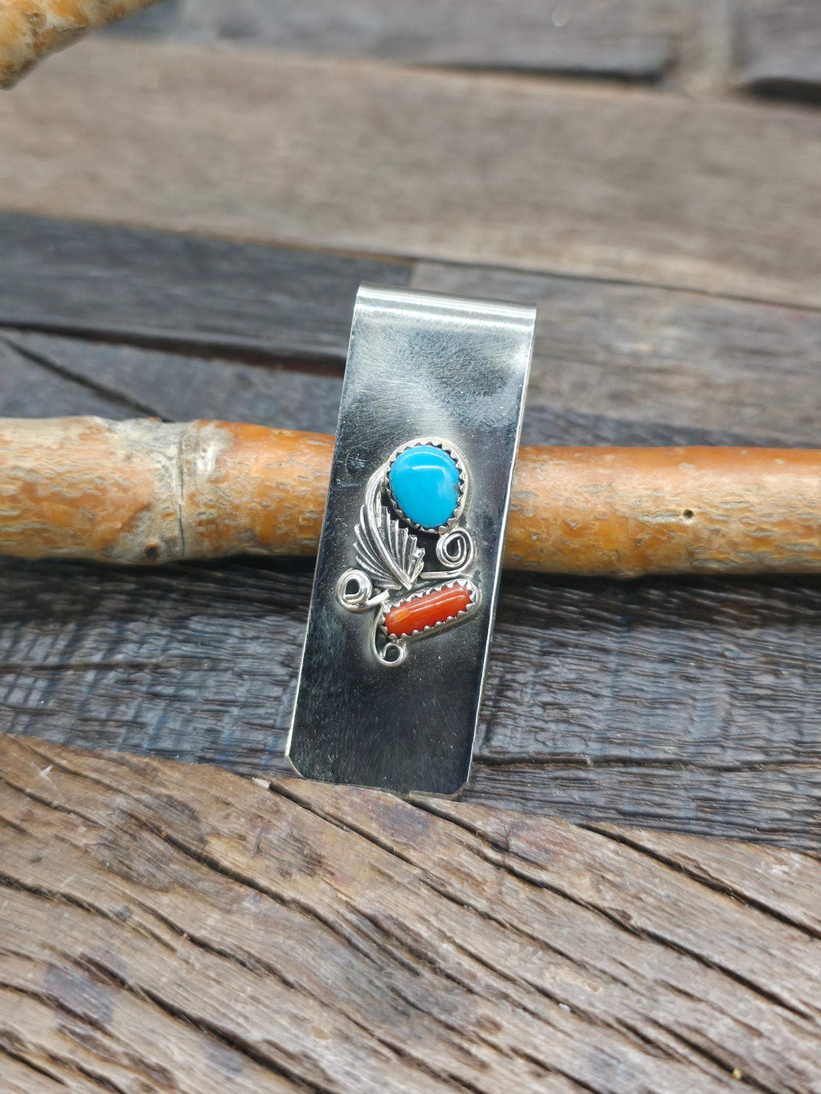 Sterling Silver Turquoise and Coral Money Clip - 2 in. by 3/4 in.