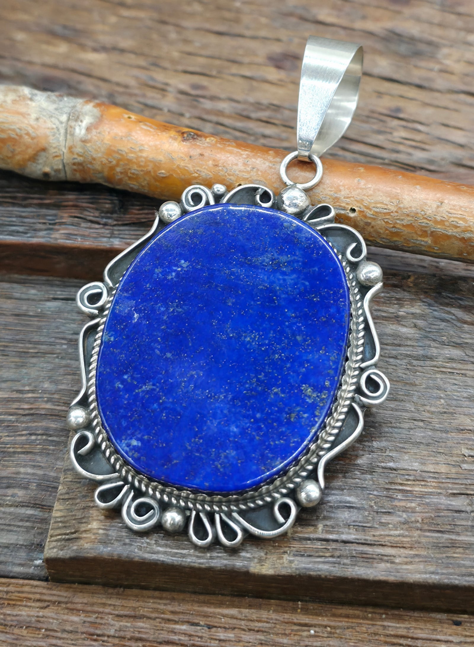 Large Sterling Silver lapis Lazuli Pendant by Leslie Nez - 3 1/2 in. by 2 in.
