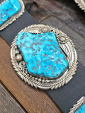 Sterling Silver Leaf Applique and Sleeping Beauty Turquoise Nugget Concho Belt by Ben Begaye - 54 in.