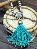 Turquoise Tassel Bead Pendant on Sterling Silver Oxidized Beads 24 in.
