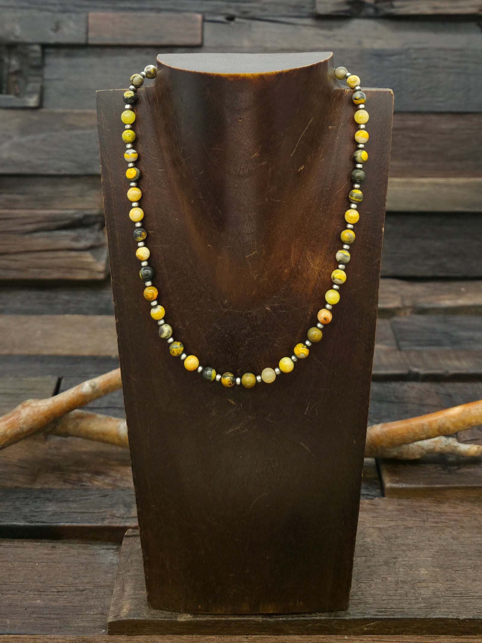 Sterling Silver and Bumblebee Jasper Bead Necklace - 16 in.