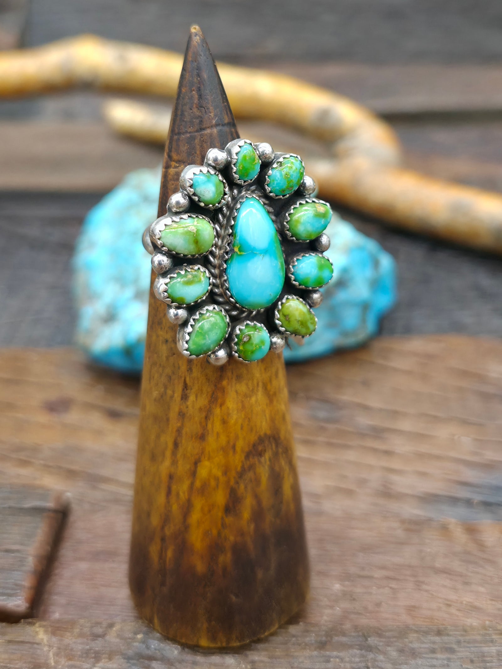 Sterling Silver Sonoran Turquoise Cluster Ring by Linda Yazzie - Size 7 1/2