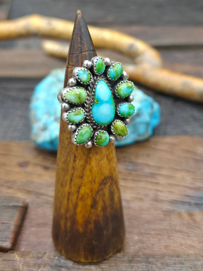 Sterling Silver Sonoran Turquoise Cluster Ring by Linda Yazzie - Size 7 1/2