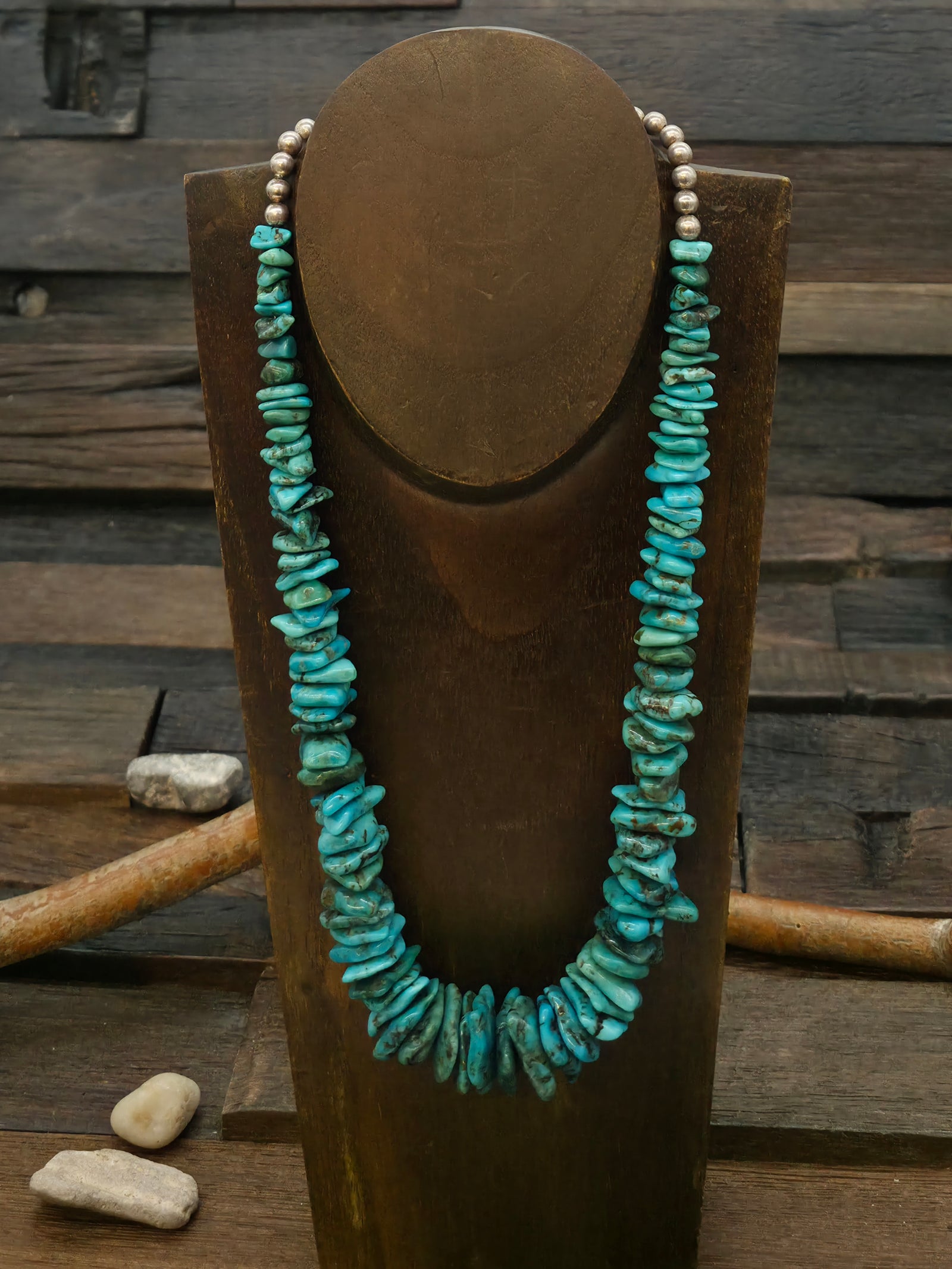 Graduated Turquoise Nugget Necklace with Sterling Silver Beads - 21 in.